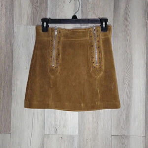 Pol Anthropologie Womens S‎ Corduroy Skirt Dark Tan Zipper Rivet Mini A Line